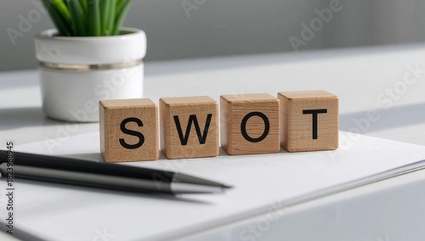 Fototapeta SWOT analysis displayed on a desk with wooden blocks and a plant, representing business strategy