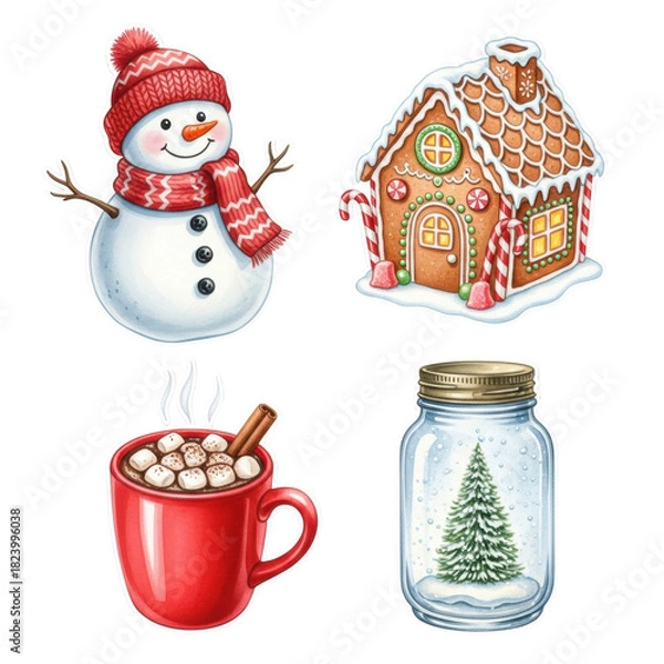 Fototapeta Charming watercolor set of a snowman, gingerbread house, hot chocolate, and a snow globe isolated on a transparent background. Cozy christmas greeting card concept