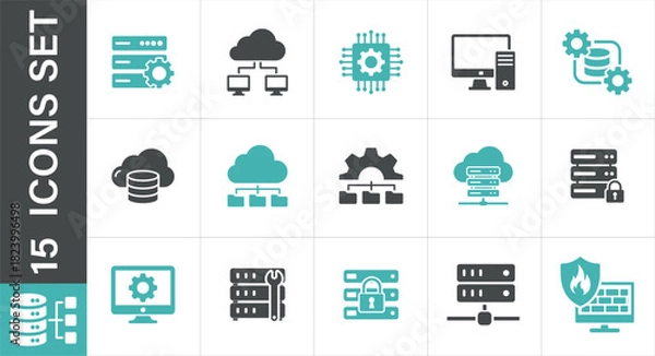 Obraz A set of server icons. Illustrative server icons. data management, cloud computing, data storage, 
and network security concepts