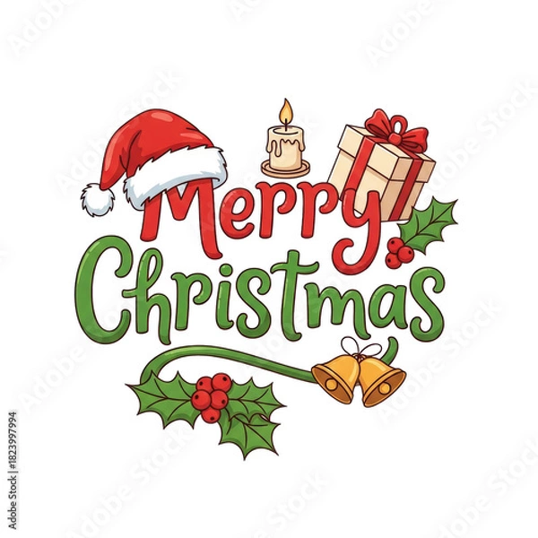 Fototapeta Cute vector illustration of "merry christmas" text with a santa hat, candle, and holly on a white background with copy space. Cheerful christmas celebration concept