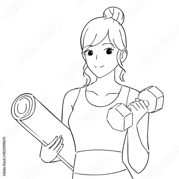 Obraz ダンベルとヨガマットの女性　白黒イラスト