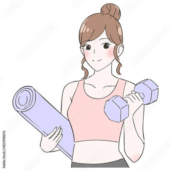 Obraz ダンベルとヨガマットの女性　イラスト
