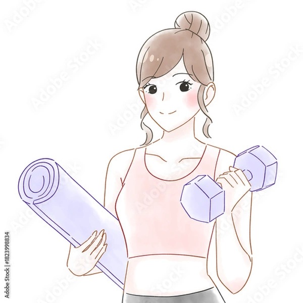 Obraz ダンベルとヨガマットの女性　水彩イラスト