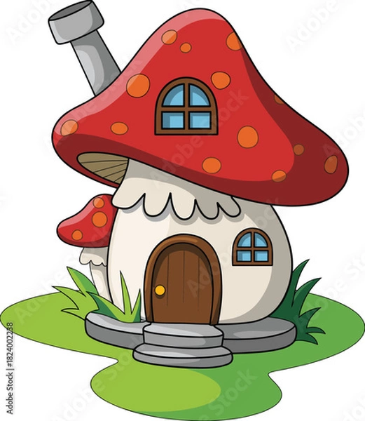 Obraz Cute cartoon mushroom house, fantasy fairy home illustration, whimsical nature cottage, magical children artwork, playful fairytale forest dwelling