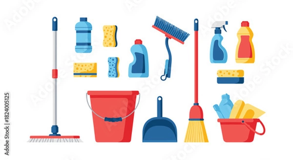 Fototapeta Comprehensive collection of cleaning supplies featuring a mop bucket broom dustpan sprays sponges and protective gloves.