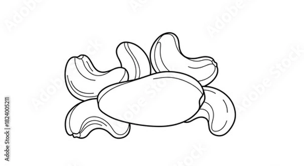 Fototapeta Simple line-art illustration features a delicious pile of cashew nuts presented in a clean and appealing outline style.