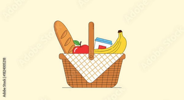 Fototapeta Quaint picnic basket neatly packed with a fresh baguette a ripe apple a cup and a yellow banana for an outdoor meal.