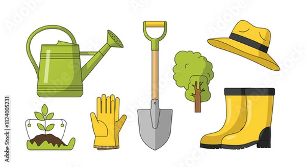 Fototapeta Comprehensive collection of gardening essentials including a watering can seedling gloves shovel tree and protective boots and hat.