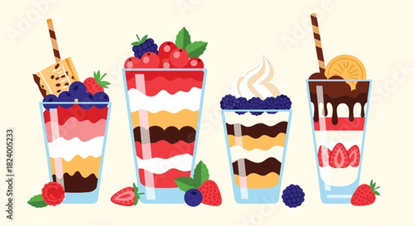 Fototapeta Delicious collection of four layered berry trifles or parfaits featuring strawberries blueberries raspberries and blackberries in elegant glasses.