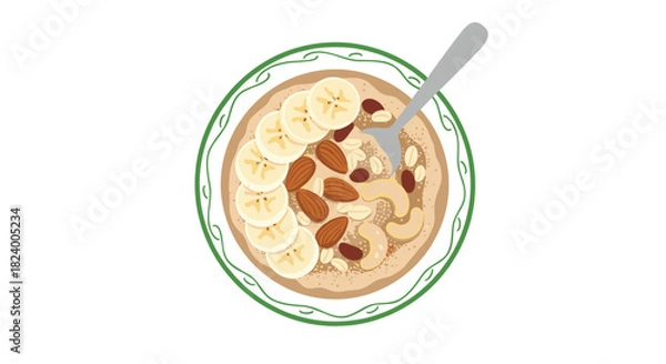 Fototapeta Healthy breakfast bowl of oatmeal or porridge topped with fresh sliced bananas crunchy almonds and cashews served with a fork.
