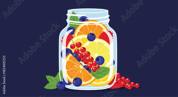Fototapeta Refreshing mason jar brimming with sliced oranges lemons blueberries red currants raspberries and fresh mint leaves.