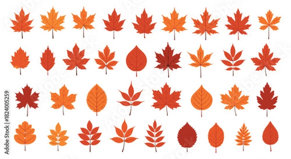 Fototapeta Extensive collection of diverse autumn leaves showcasing a rich spectrum of shapes and warm seasonal colors including orange red and brown.