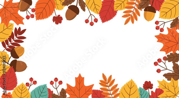 Fototapeta Festive autumn frame gracefully surrounds a pristine white central space adorned with vibrant fall leaves and acorns.