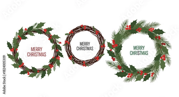 Fototapeta Festive collection of three unique Christmas wreaths crafted from holly and pine branches one featuring the cheerful text Merry Christmas.