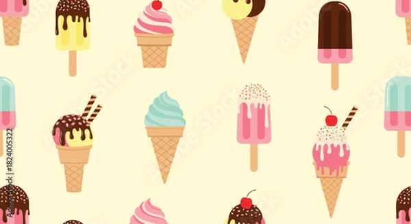 Fototapeta Delicious seamless pattern features a tempting variety of ice cream cones and colorful popsicles with diverse flavors and toppings.