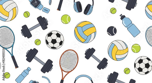 Fototapeta Dynamic seamless pattern features a lively assortment of sports equipment including tennis rackets balls dumbbells and water bottles.