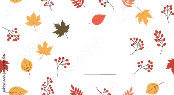 Fototapeta Festive autumn frame gracefully surrounds a pristine white central space adorned with vibrant fall leaves and red berries.