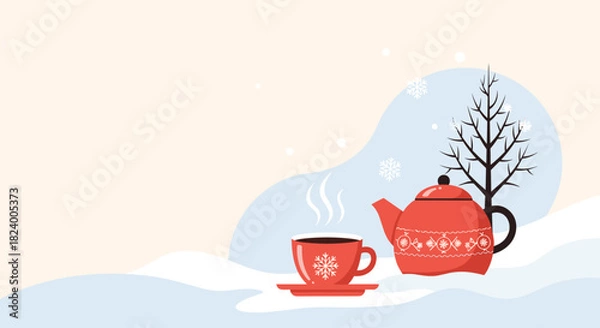Fototapeta Cozy red teapot and steaming cup of hot tea sit nestled in a serene snowy winter landscape with a bare tree.