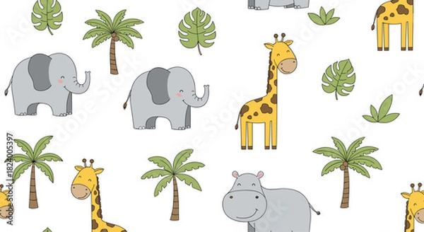 Fototapeta Adorable seamless pattern features cute cartoon safari animals including elephants giraffes and hippos with palm trees and leaves.