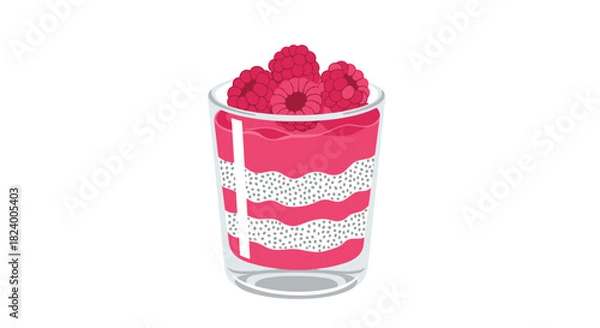 Fototapeta Delightful chia seed pudding with vibrant raspberry layers is elegantly served in a clear glass and topped with fresh raspberries.