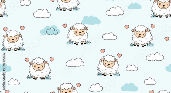 Fototapeta Adorable seamless pattern features cute cartoon sheep standing happily among fluffy clouds and tiny hearts on a gentle blue backdrop.