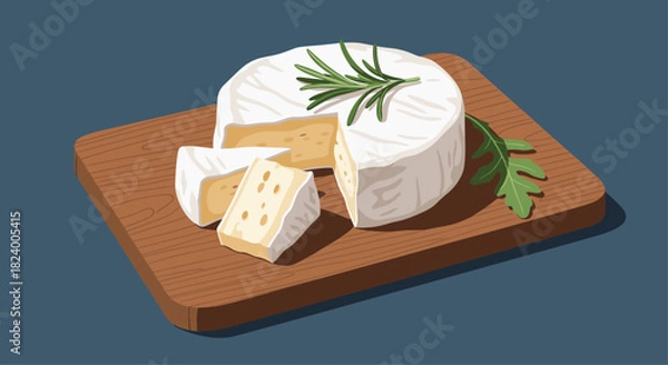 Fototapeta Delicious camembert cheese wheel expertly sliced and garnished with fresh rosemary and arugula rests on a rustic wooden board.