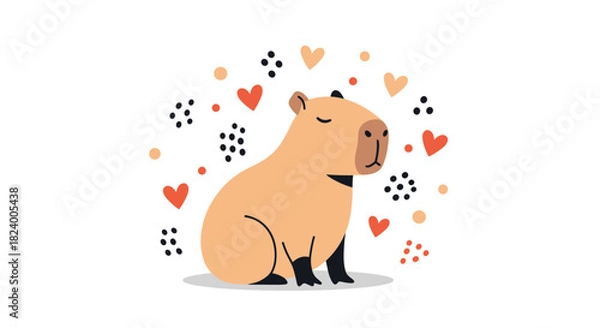 Fototapeta Adorable cartoon capybara sits peacefully surrounded by charming hearts and playful abstract dots against a white background.