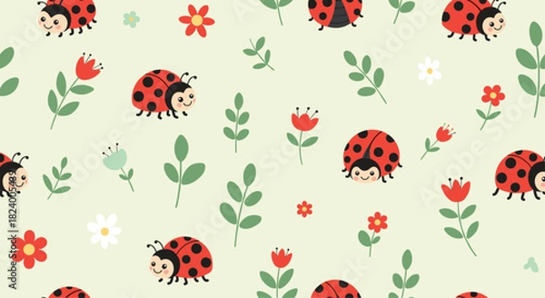 Fototapeta Charming seamless pattern features adorable cartoon ladybugs flying among delicate flowers and green leaves on a soft light green background.