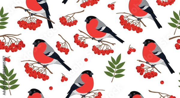 Fototapeta Seamless pattern showcasing vibrant red bullfinch birds perched on branches adorned with bright rowan berries and green leaves.