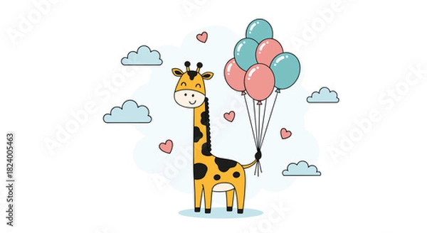 Fototapeta Adorable cartoon giraffe with a cheerful smile holds a colorful bouquet of balloons floating among fluffy clouds and tiny hearts.