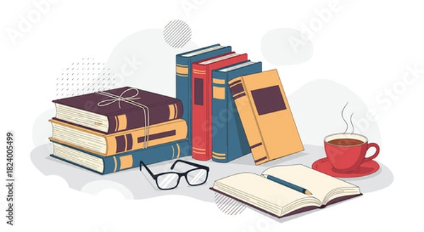 Fototapeta Cozy reading scene with a stack of old books glasses an open book with a pencil and a steaming hot cup of coffee.