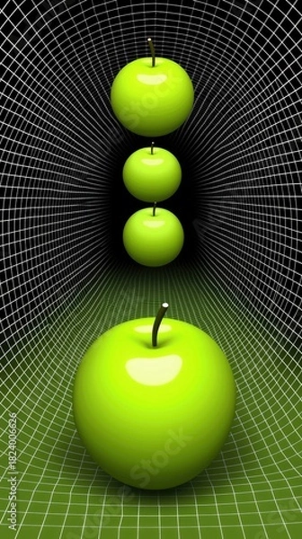 Fototapeta Four bright green apples are arranged in a vertical line, receding into a dark, tunnel-like environment with a white grid pattern. The lighting is dramatic and