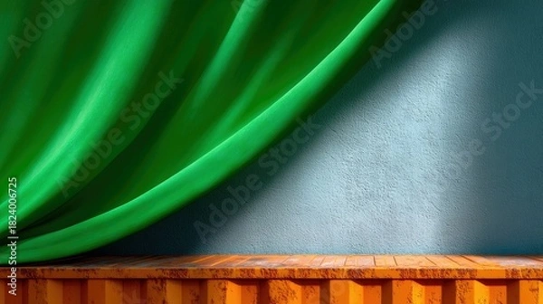 Fototapeta A vibrant green curtain drapes over a rustic wooden shelf, with a textured light blue wall behind it. Sunlight casts a distinct shadow on the wall.