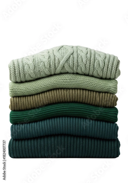 Fototapeta A neatly stacked pile of warm sweaters with varied knit textures in a green gradient on a transparent background. Concept of autumn and winter fashion
