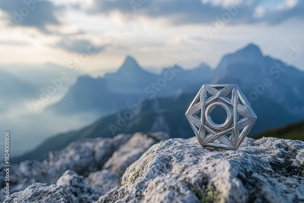 Fototapeta Star as a symbol of conquering the top of a snowy mountain, winter landscape