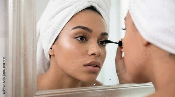 Fototapeta Woman applying mascara while looking in the mirror at home