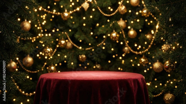 Fototapeta Empty Red Velvet Table Podium With Blurred Christmas Tree Background