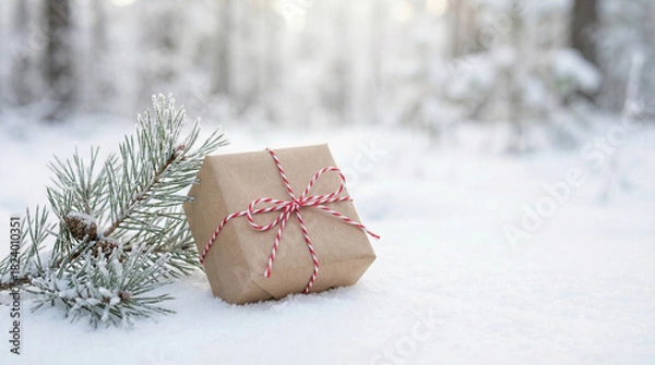 Fototapeta Craft Paper Gift Box With Red String On Winter Snow