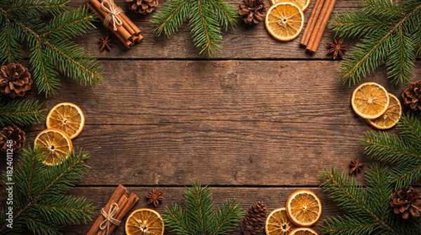 Fototapeta Rustic Wooden Christmas Background With Fir Branches And Spices