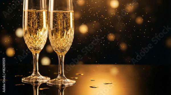 Fototapeta Two Glasses Of Champagne With Golden Bokeh Christmas Background