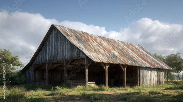 Fototapeta Old rustic barn under blue sky