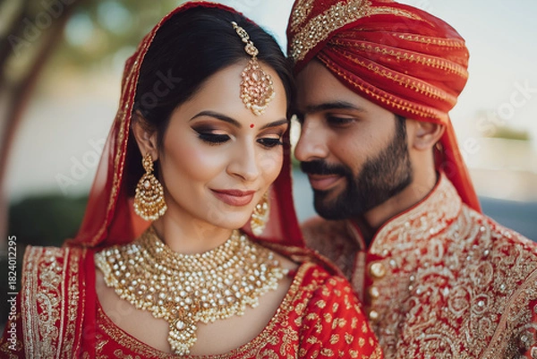 Obraz Traditional Indian wedding couple in elegant bridal attire, captured in warm, intimate portraits with rich details, jewelry and ceremonial clothing. Authentic, emotional and vibrant imagery. ai