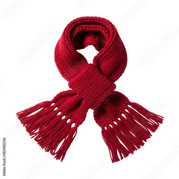 Fototapeta Cozy hand-knitted cherry red woolen scarf with a chunky texture isolated on a transparent background. Handmade winter fashion accessory concept