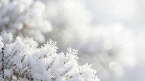 Fototapeta Snowy White Frost on Pine Branches Macro Texture
