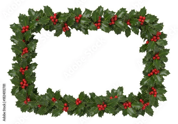 Fototapeta A photorealistic christmas frame border of a lush holly garland with red berries on a white background with copy space. Classic holiday greeting card concept
