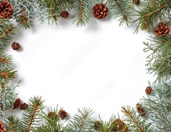 Obraz Fir tree branches and pine cones on white background