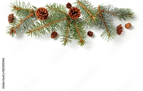 Obraz Fir tree branches and pine cones flat lay