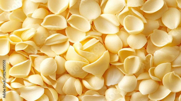 Obraz Close-up macro shot of delicate white chocolate petals forming a flower shape amidst a scattered bed of similar petals