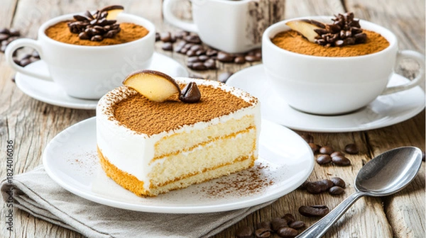 Obraz Delicious Tiramisu Cake and Coffee A Sweet Treat for a Delightful Break