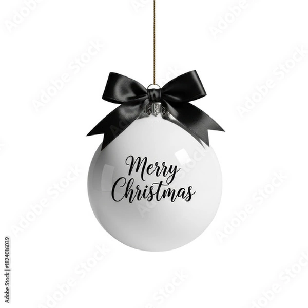 Fototapeta Elegant white christmas bauble with 'merry christmas' calligraphy and a black satin bow hanging against a soft gray background. Minimalist holiday concept